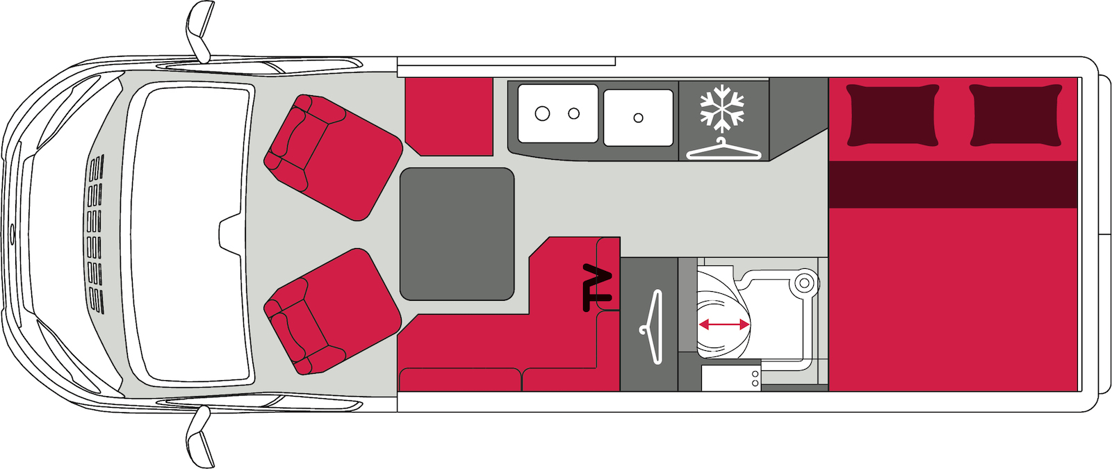 Pilote inaugure la banquette en L sur un fourgon aménagé. Sur le côté opposé, un strapontin complète le nombre des places.