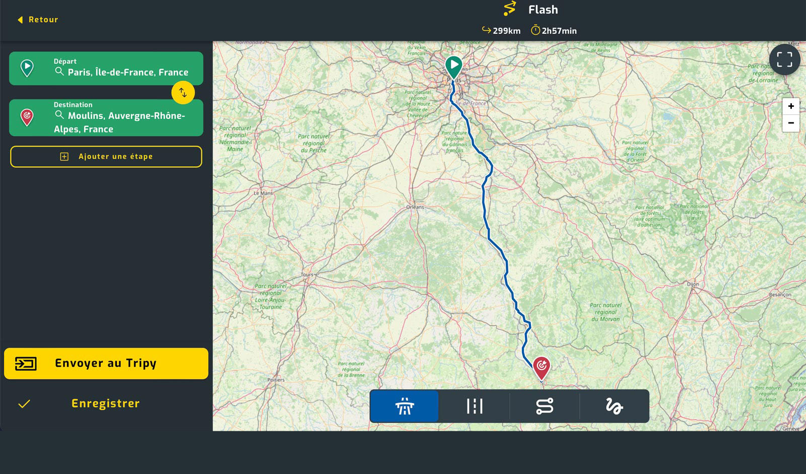 Itinéraire TripyMap de Paris (75) à Moulins (03) en privilégiant l'autoroute. 299 km en 2h57.