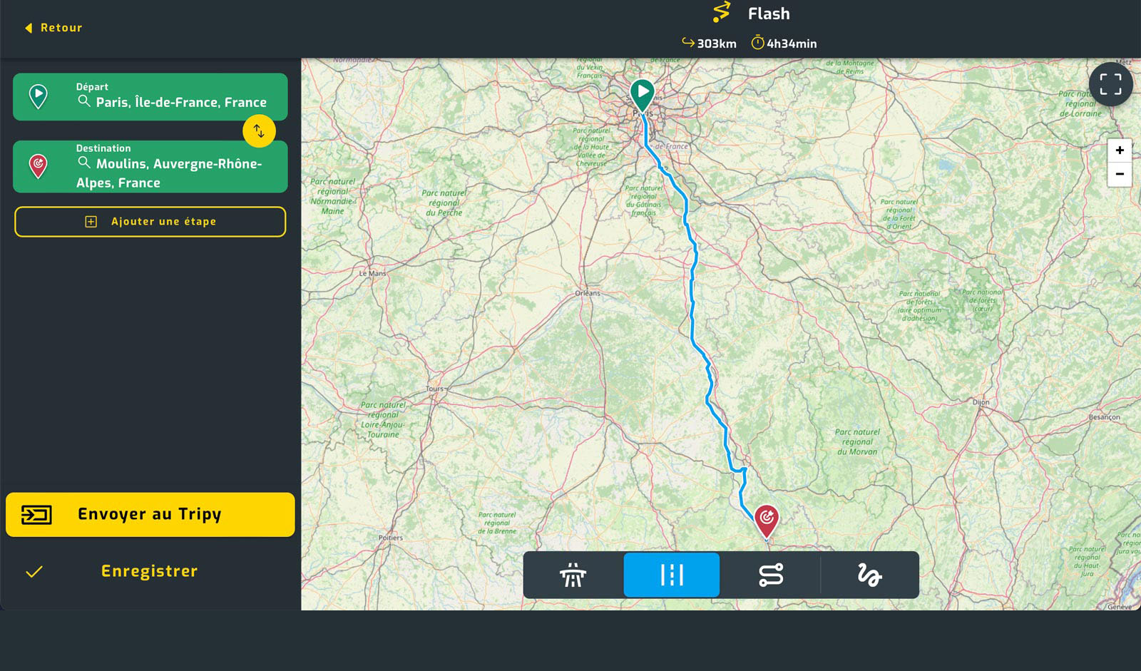 Itinéraire TripyMap de Paris (75) à Moulins (03), le plus direct sans autoroute. 303 km en 4h34.