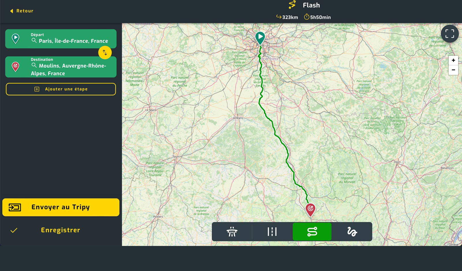Itinéraire TripyMap de Paris (75) à Moulins (03), sans autoroute en privilégiant les routes secondaires. 323 km en 5h50.