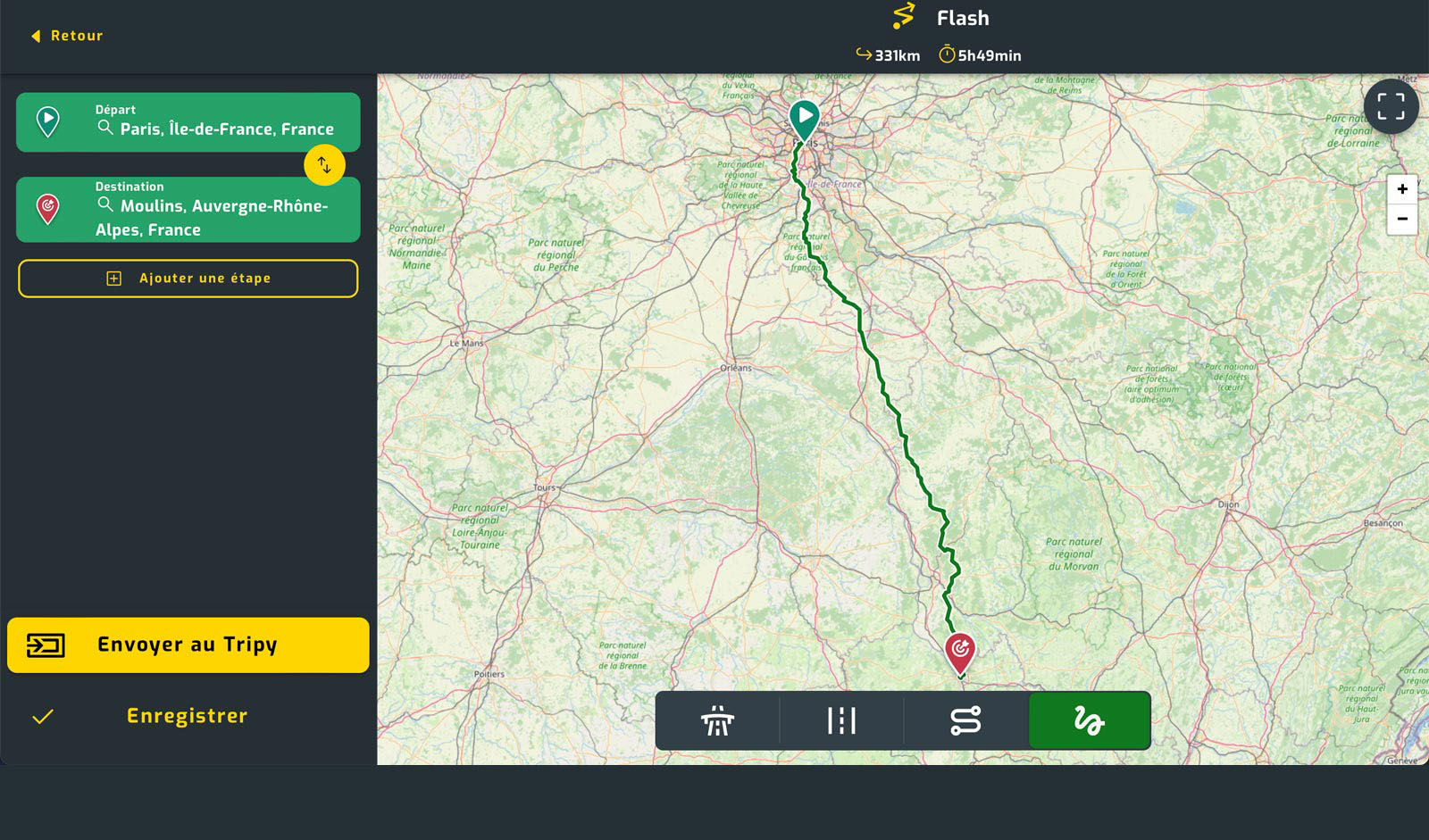 Itinéraire TripyMap de Paris (75) à Moulins (03), sans autoroute en privilégiant les routes sinueuses. 331 km en 5h49.