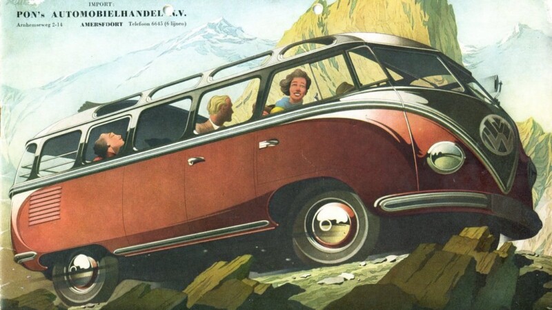 Lors du lancement du Samba Bus en 1951, Volkswagen axe la communication de son minibus aux 23 vitres panoramiques à destination du tourisme alpin