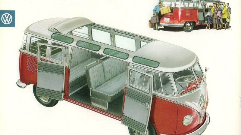Extrait d'une brochure de 1960, ce visuel montre la fonctionnalité du Samba Bus : 3 rangées de sièges pour 8 passagers, double porte latérale, toit ouvrant...