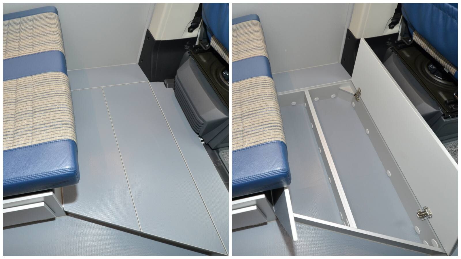 Sous la table centrale une zone de rangement accessible par deux trappes