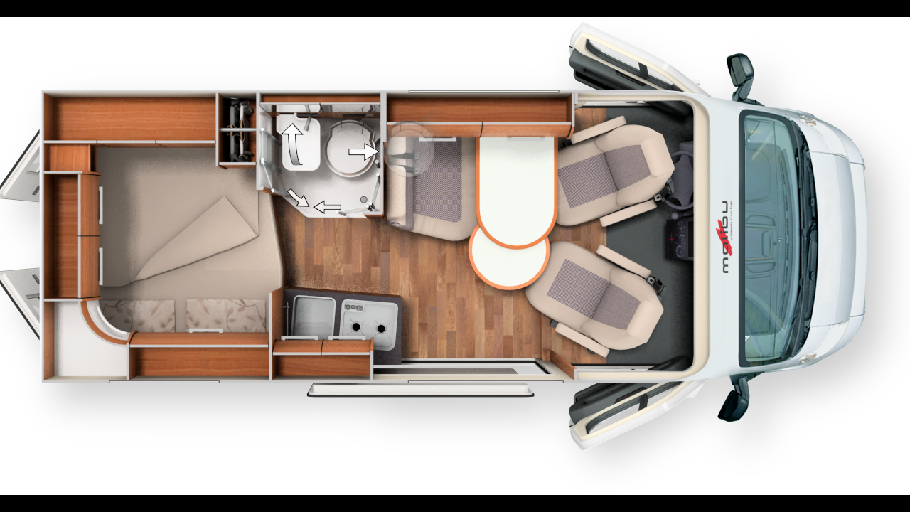 540 DB - L x l x h : 5,41 x 2,05 x 2,59 m / Porteur : Fiat 2,3 L 130 ch / PTAC : 3300 kg