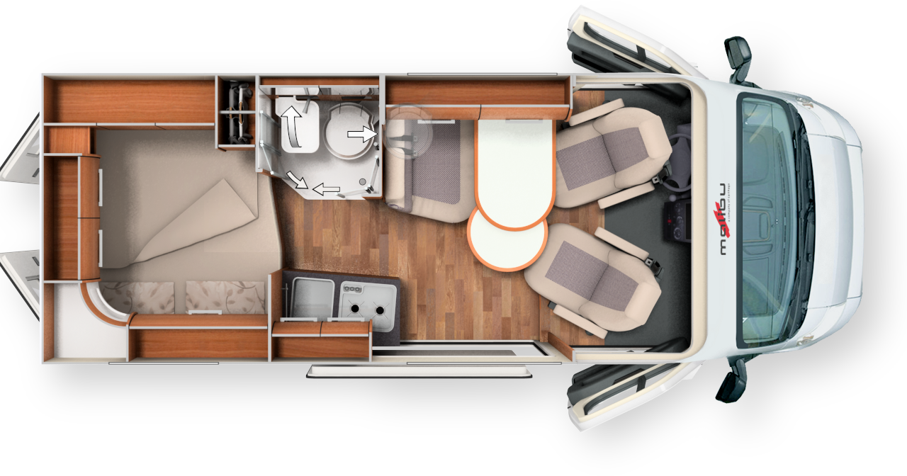 540 DB - L x l x h : 5,41 x 2,05 x 2,59 m / Porteur : Fiat 2,3 L 130 ch / PTAC : 3300 kg