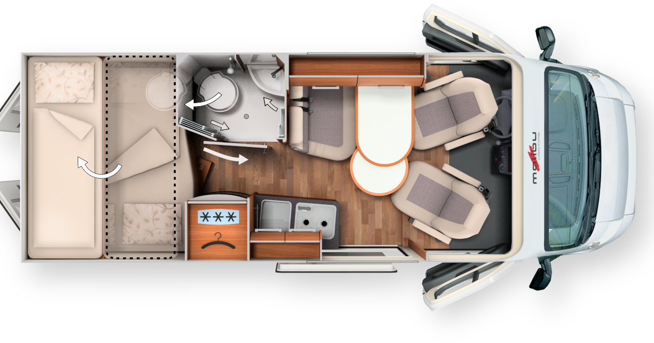 600 DSB 4 - L x l x h : 5,99 x 2,05 x 2,59 m / Porteur : Fiat 2,3 L 130 ch / PTAC : 3300 kg