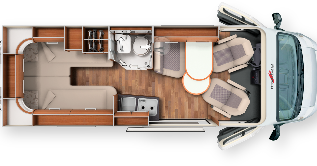 600 LE Low Bed - L x l x h : 5,99 x 2,05 x 2,59 m / Porteur : Fiat 2,3 L 130 ch / PTAC : 3300 kg
