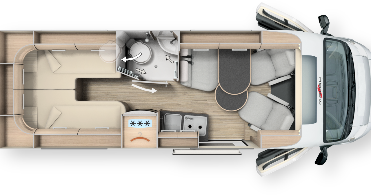 640 LE Charming GT - L x l x h : 5,99 x 2,05 x 2,59 m / Porteur : Fiat 2,3 L 130 ch / PTAC : 3500 kg