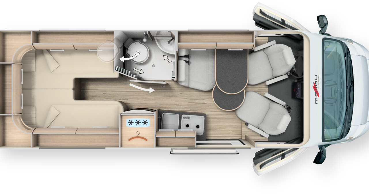 640 LE Charming - L x l x h : 5,99 x 2,05 x 2,59 m / Porteur : Fiat 2,3 L 130 ch / PTAC : 3500 kg