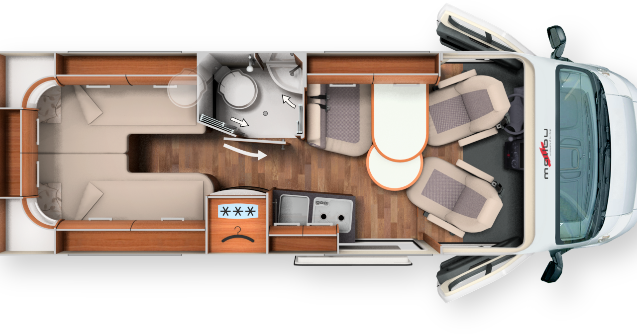 640 LE - L x l x h : 5,99 x 2,05 x 2,59 m / Porteur : Fiat 2,3 L 130 ch / PTAC : 3500 kg