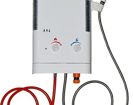 Douche avec chauffe-eau mobile au gaz Ecotemp (environ 170€)