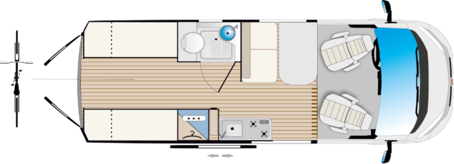 A l'arrière du Rimor Silver 45, les deux lits superposés sont modulables afin de libérer l’espace central et transporter des vélos