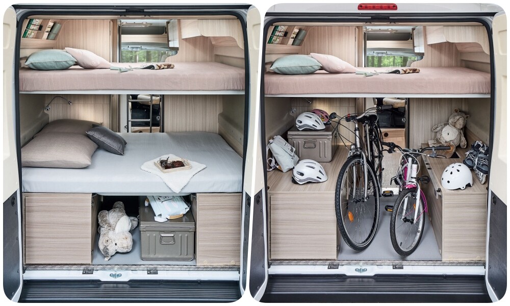 Pour transporter des vélos ou optimiser l’espace de la soute, on pourra également choisir de retirer le couchage du bas.