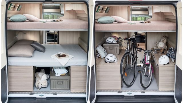 Pour transporter des vélos ou optimiser l’espace de la soute, on pourra également choisir de retirer le couchage du bas.