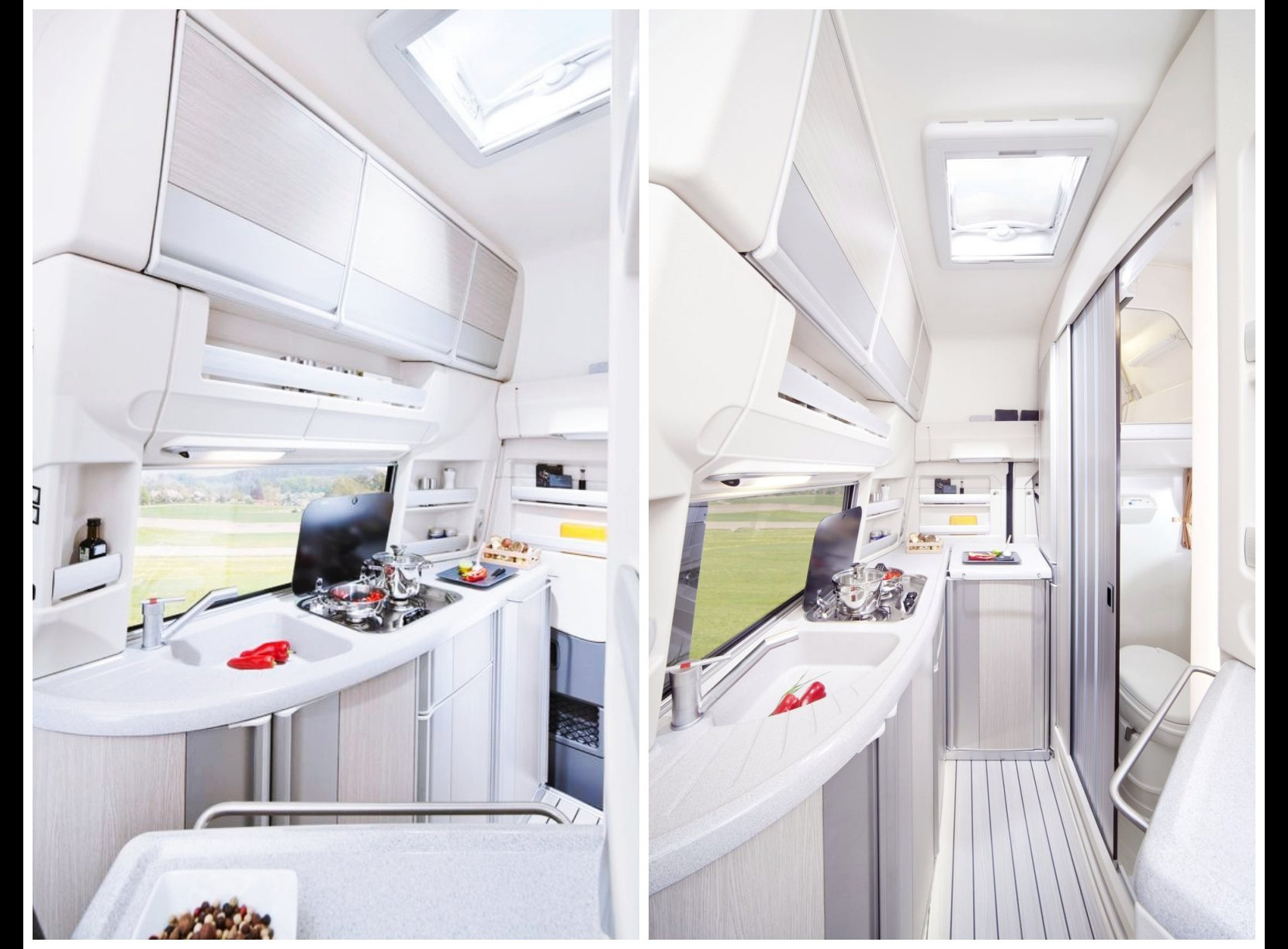 A l'intérieur les lignes épurées et les tonalités claires, la qualité des matériaux affichent une grande sophistication. La hauteur atteint 2,40 m à l'avant (2,20 m à l'arrière et 2,10 dans la salle d'eau).