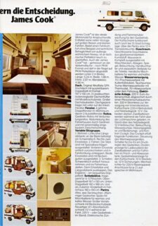 Les plaquettes publicitaires en allemand montrent l'étendue des fonctionnalités du James Cook. On note ici le double accès : porte latérale et arrière.