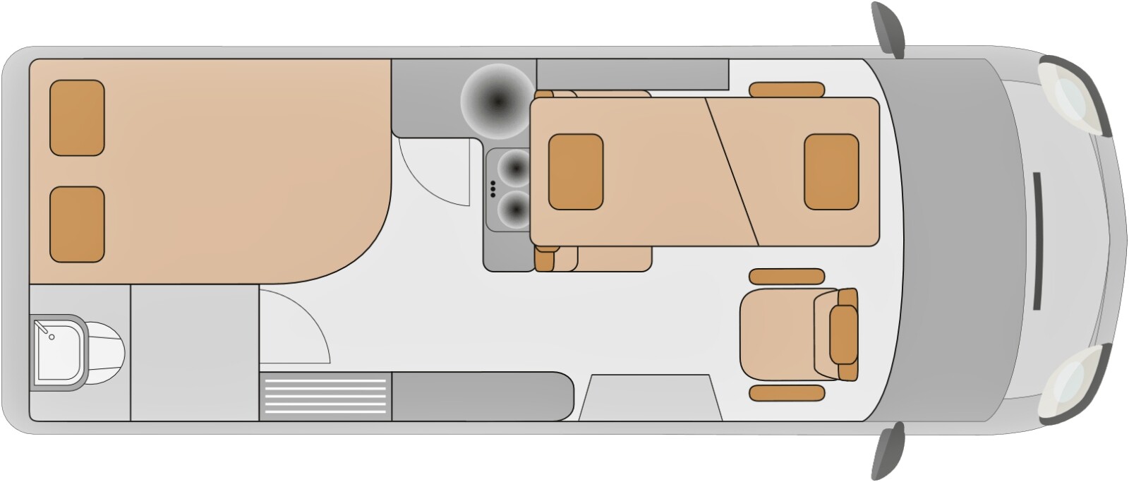 Implantation Nuit de Affinity (6,36 m) : lit à la française permanent pour 2 (192 x 129 cm), associé à une banquette transformable en 2 lits simples superposés (192 x 67 cm et 187 x 67 cm)