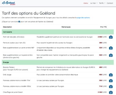 Les nombreuses options sur-mesure sont présentées avec force détails : descriptions, tarifs, photos