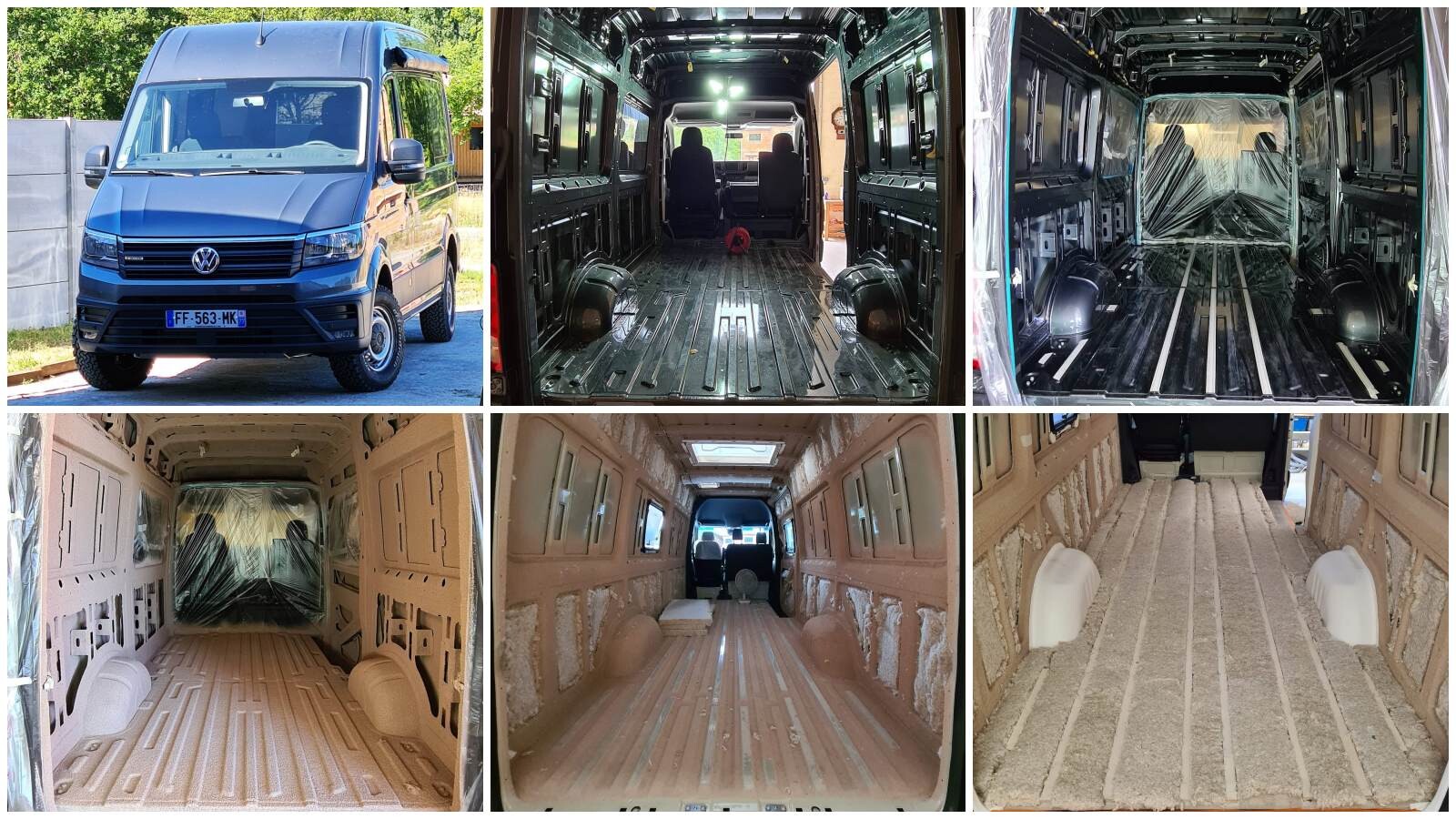 Première étape incontournable de l'aménagement de ce Crafter : l'isolation. Du liège projeté bio des Landes, suivi d'un isolant tri-corps pour offrir une barrière phonique et thermique sur l'ensemble des parois.