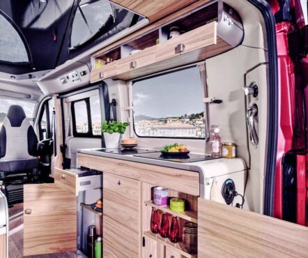 L'absence de salle d'eau, dont de nombreux utilisateurs de fourgons se passent volontiers, permet de bénéficier d'une grand bloc cuisine avec rangements.