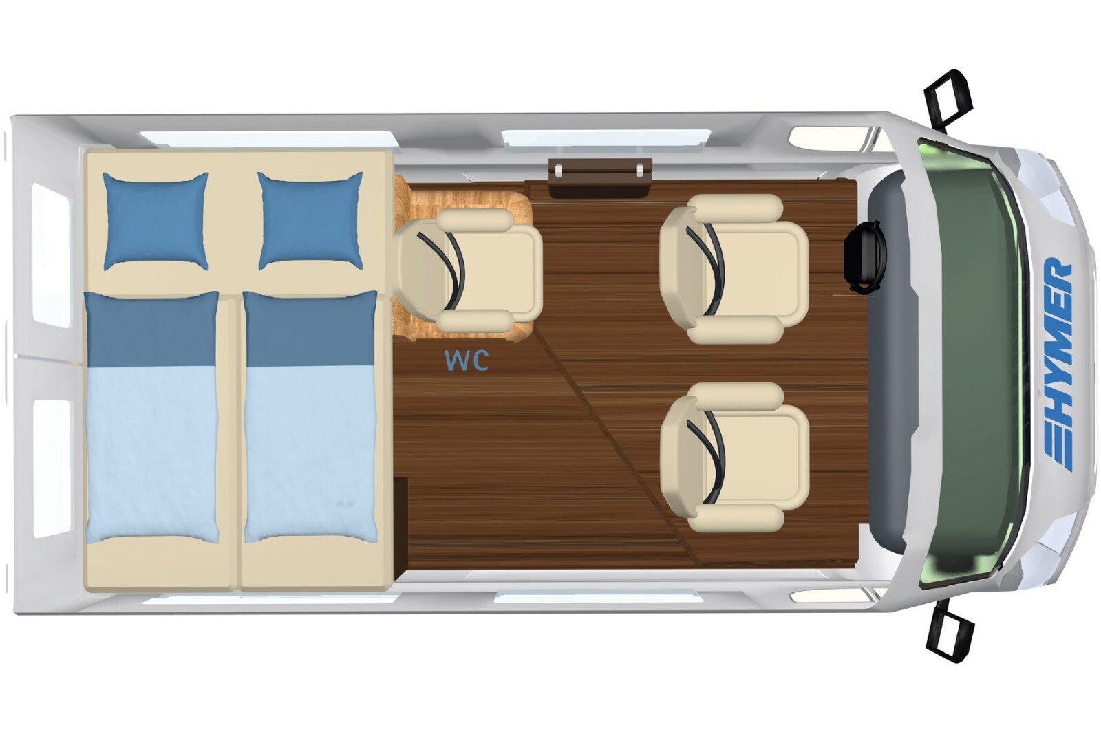 Hymer Sydney, la nuit : il offre 2 couchages dans le toit relevable (202 x 150 cm) et 2 dans le lit transversal escamotable (124 x 129 cm)
