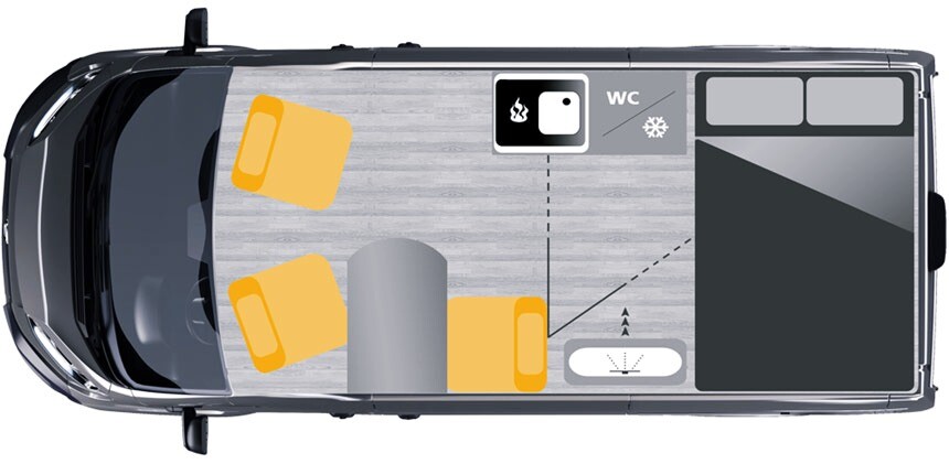 Furgok Gran Camper 540 sur Fiat Ducato (5,40 m) version nuit avec 4 couchages (2 lits superposés 125 x 186 cm)
