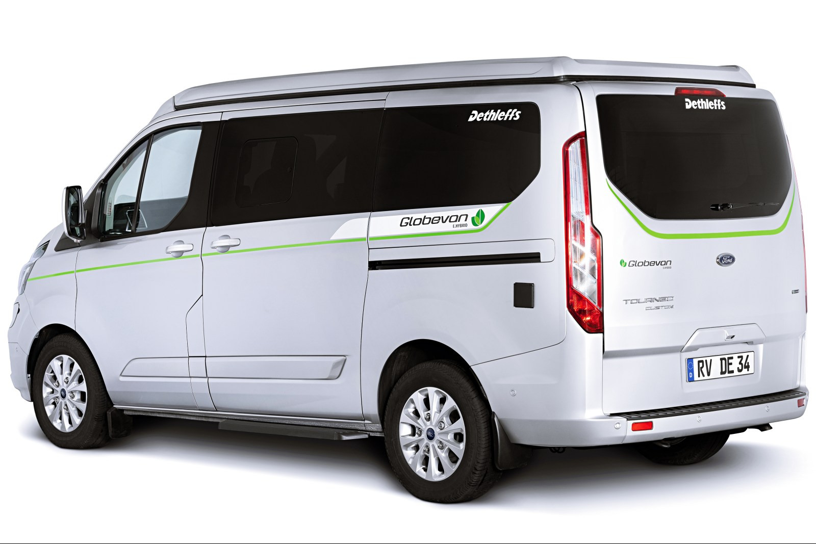Le Dethleffs Globevan (4,97 m) utilise la version hybride rechargeable (PHEV) du Ford Transit Custom Van Ford Custom PHEV hybride rechargeable