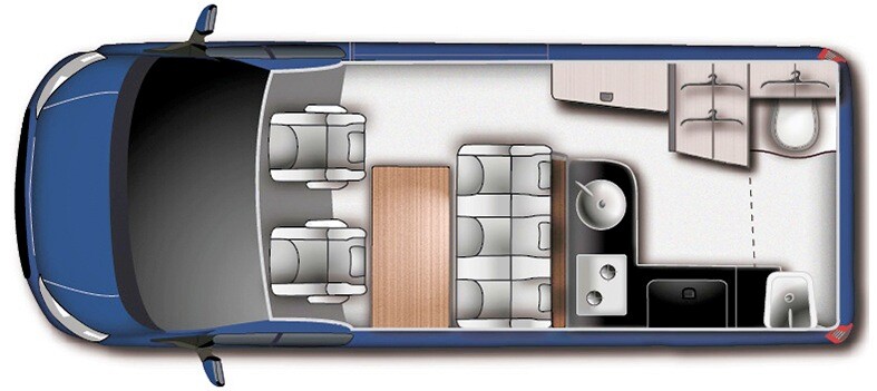 Les 3000 mm d'empattement du NUGGET PLUS, base Transit Custom L2H1 (5,37 m), autorisent la présente d'un espace toilette à l'arrière du van.
