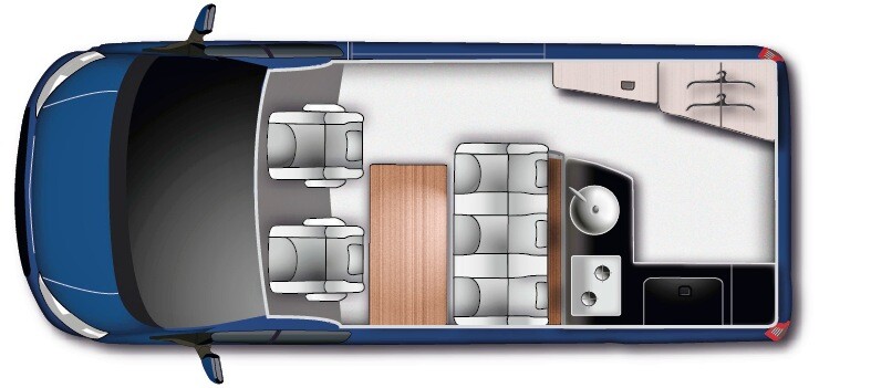Si le NUGGET version courte (4,97 m) s'affranchit du coin toilette, il conserve les mêmes proportions pour les couchages, la dînette et la cuisine.