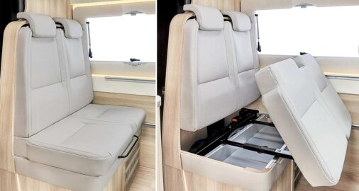 La banquette est équipée de deux ceintures de sécurité, l'assise relevable héberge un rangement complémentaire