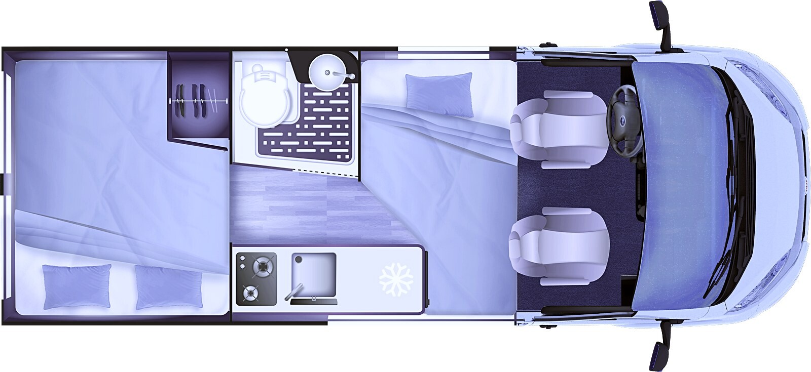 Campérêve Magellan 641 (5,99 m), plan nuit : 3 couchages