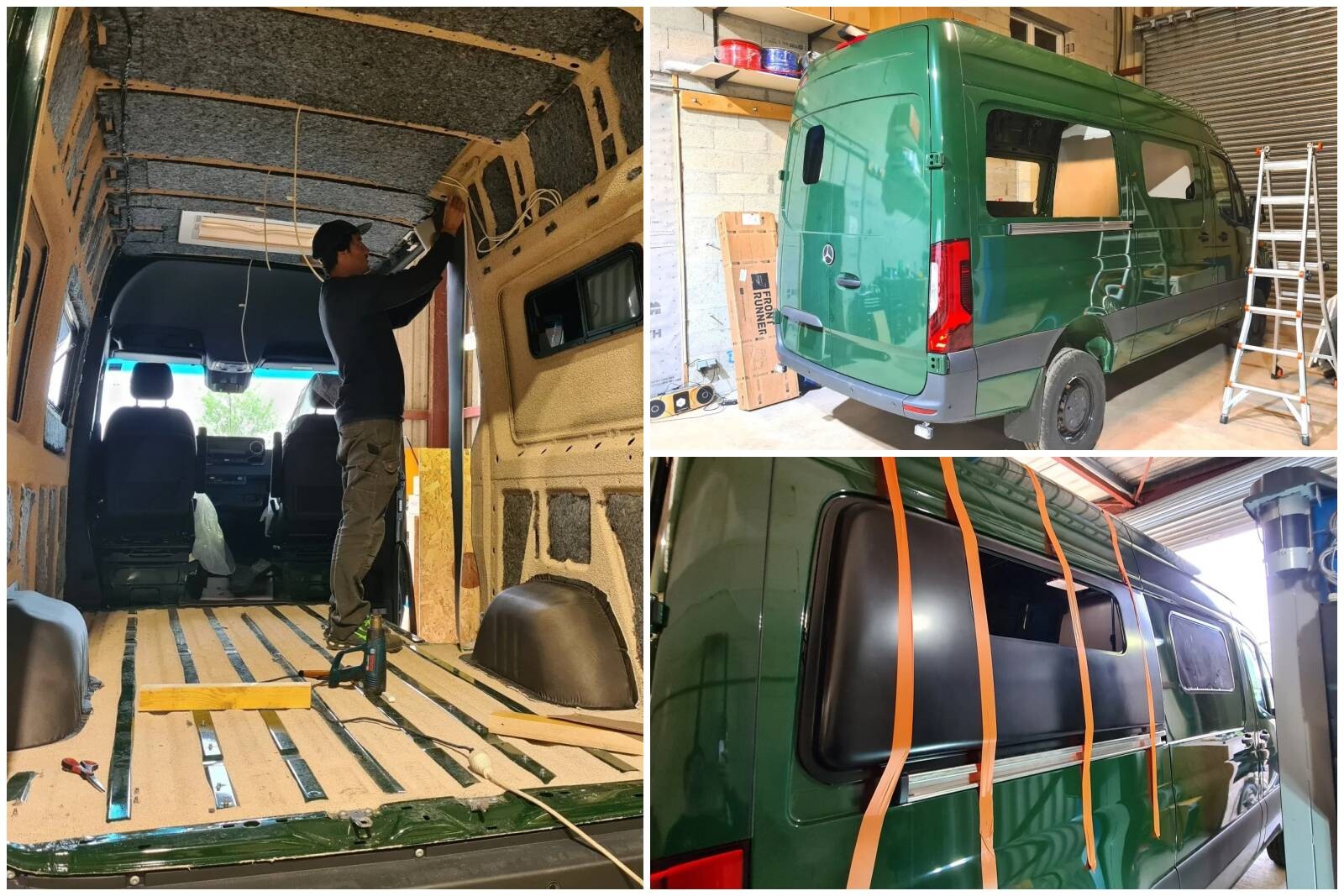 Aménagement en cours sur Dili 10. Isolation en liège projeté bio (Soliege) et coton recyclé jusqu'à 100 mm. Au programme : Snorkel, galerie toute longueur, lampes de travail, barre LED longue portée, blindages, joues d'élargissement, pneus All Terrains, chauffage, chauffe-eau...