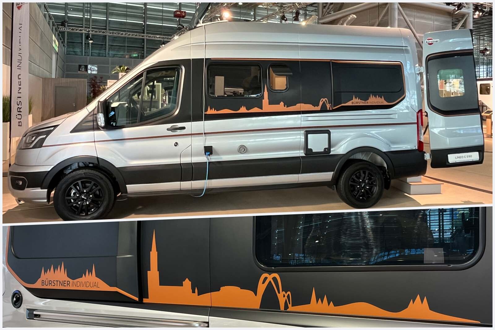 Essai de style "Bürstner Individual" sur le Lineo (Ford Transit) avec une très belle silhouette du pont de l’Europe entre Strasbourg et Kehl