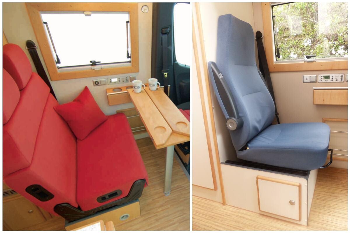 La banquette et les 4 places route sont en option chez CS Reisemobile, l'aménageur propose de série 3 places avec un siège face route individuel.