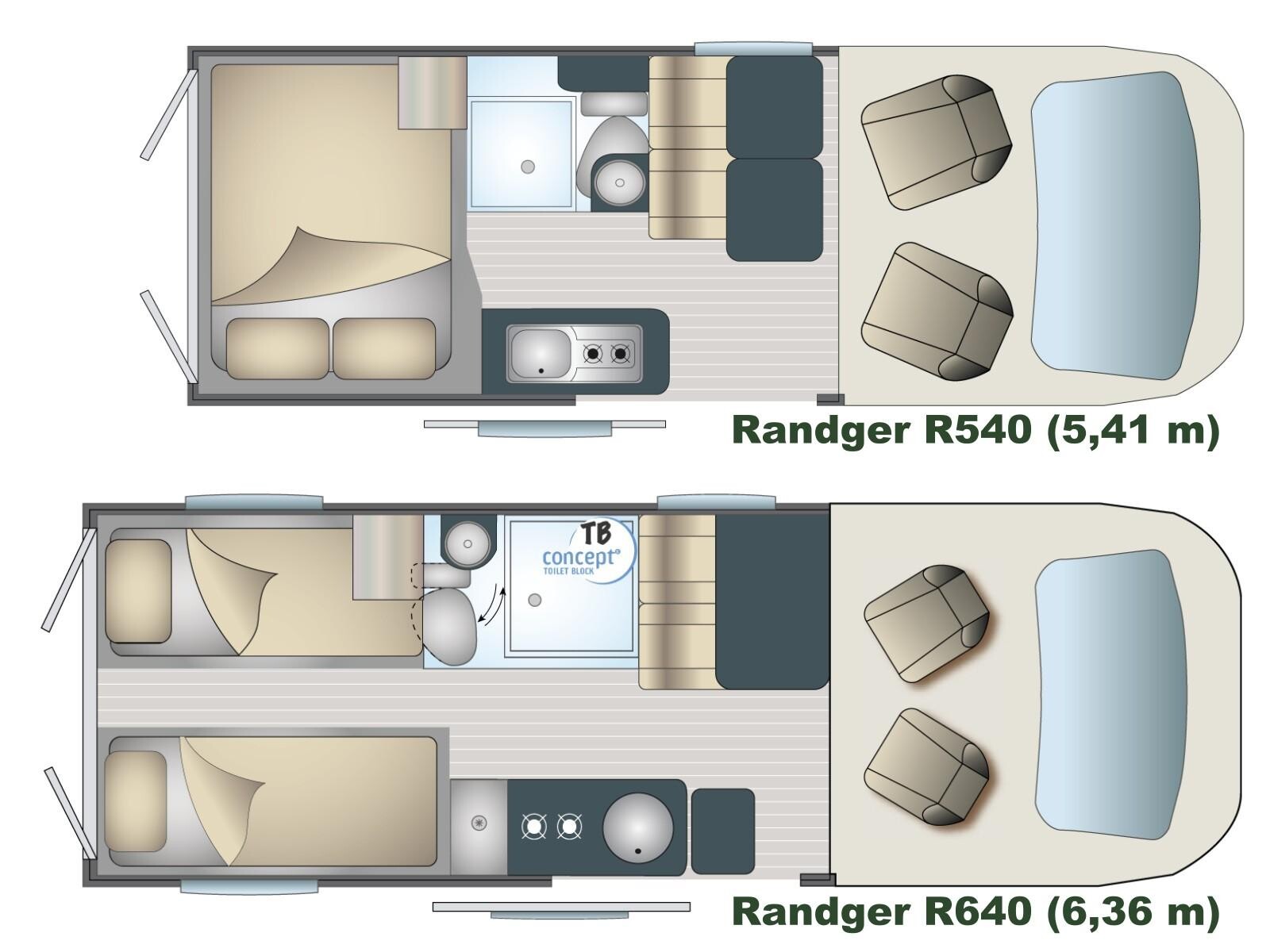 Implantations des Randger R540 (5,41 m) et R640 (6,36 m) sur Fiat Ducato.