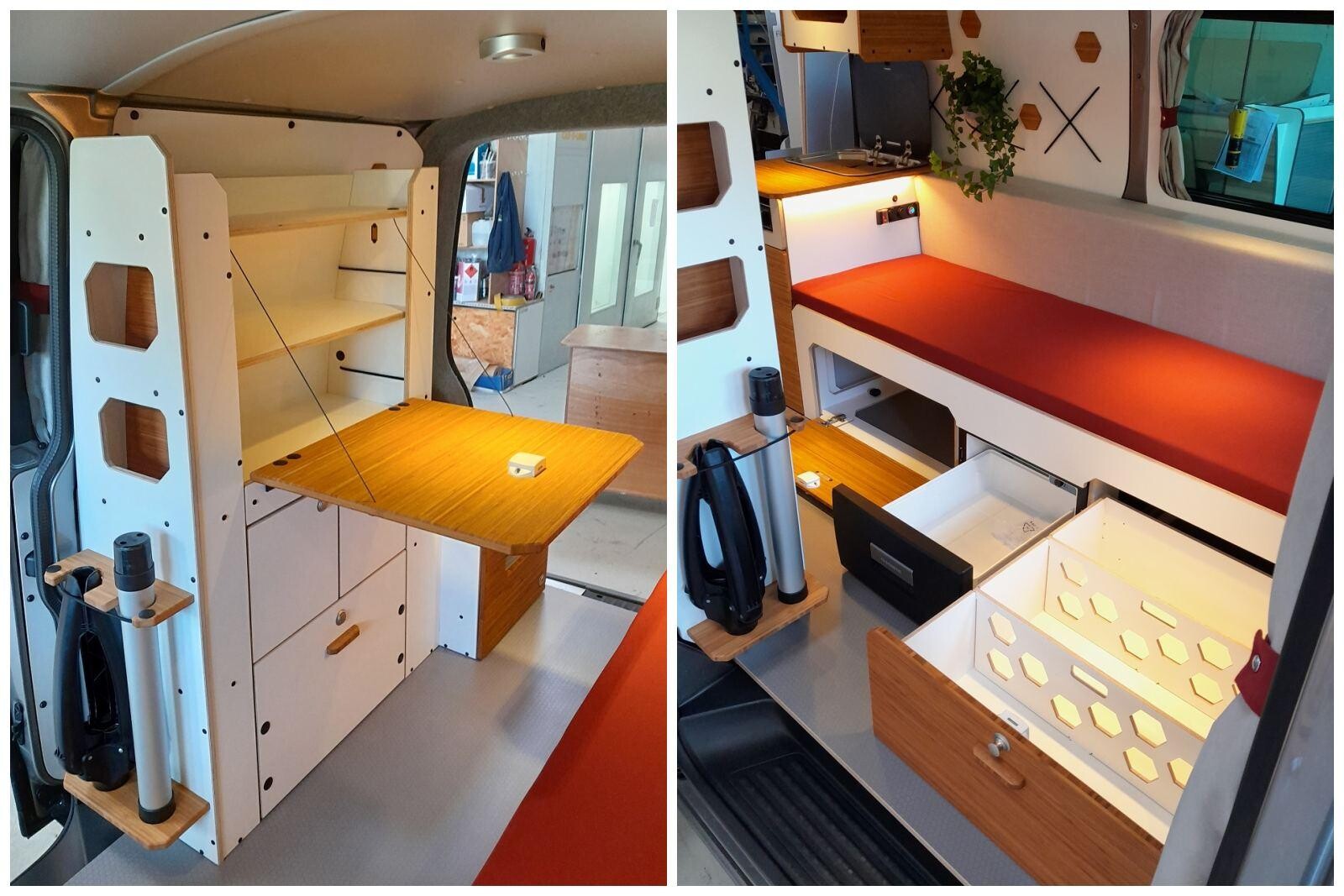 Deux autres modules compris dans le kit North West, permettent d'aménager un meuble haut multifonction (avec emplacement WC), et une banquette convertible en lit (avec coffre de rangement et emplacement pour frigo tiroir). Kit amenagement Van Mania