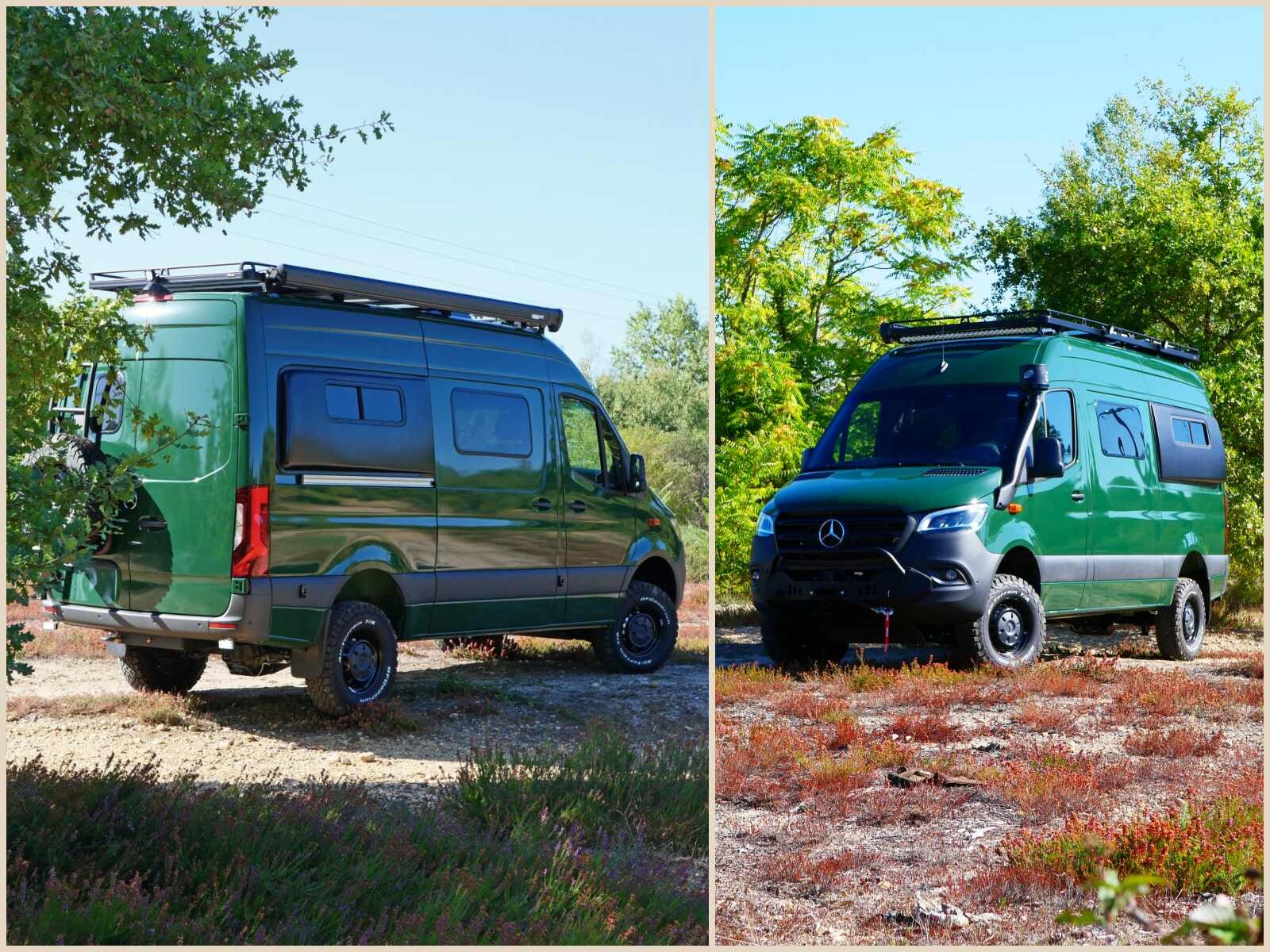 Ce Sprinter bénéficie d'un préparation 4x4 complète : pneus tout-terrain, blindage de châssis, parechoc CATuned, galerie d'expédition, porte-roue, snorkel...