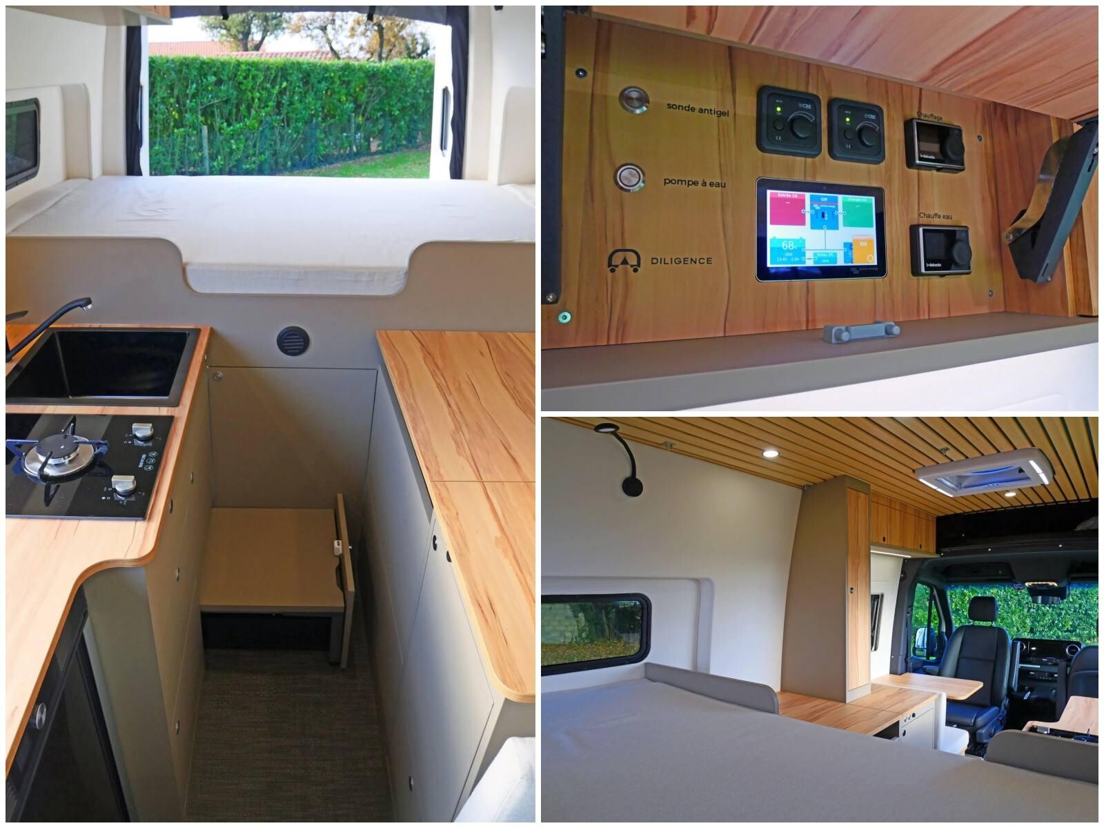 Un tiroir-marche permet d'accéder au lit transversal. Les commandes sont centralisées dans le placard au dessus de la banquette.