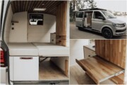 Dépourvu de toit relevable, ce VW T6 profite d'une déco lumineuse et moderne, alliant tonalités blanche et bois.