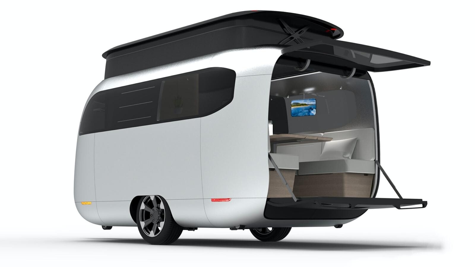 L'espace intérieur est extensible en hauteur (toit relevable) et latéralement (plateforme rabattable)