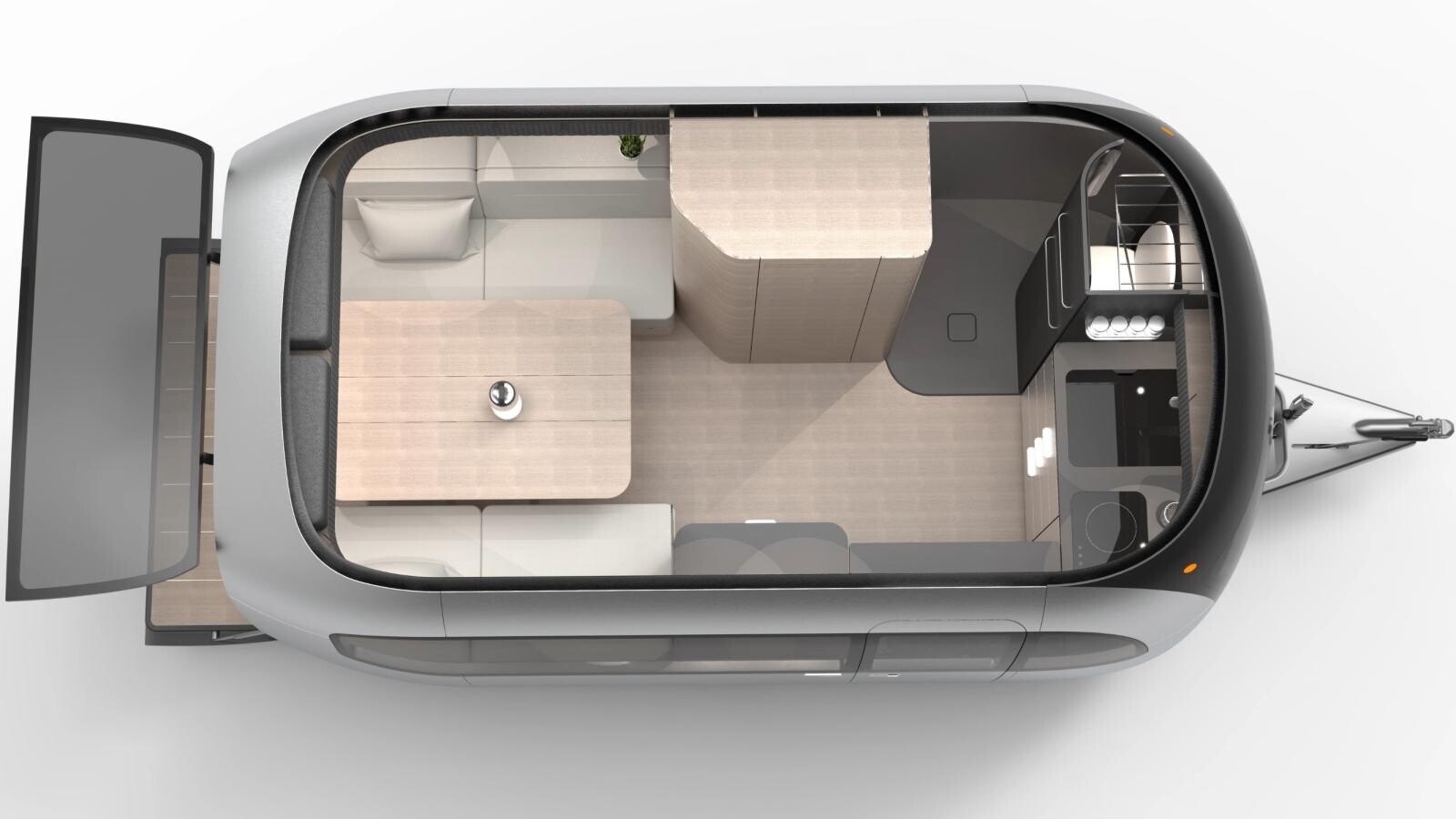 Plan d'aménagement de la caravane Airstream x Porsche