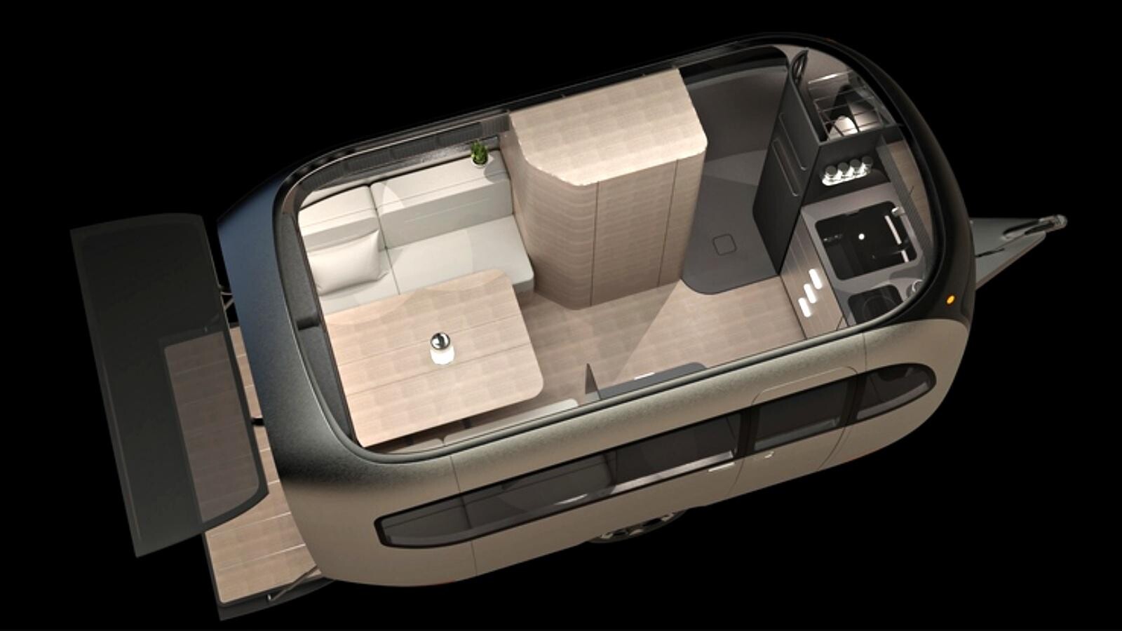 Plan d'aménagement 3D de la caravane Airstream x Porsche