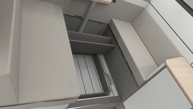 Le bac de douche est intégré dans un faux-plancher.