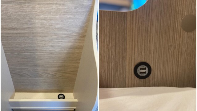 Deux prises USB sont disponibles sur la cloison de la salle d'eau (accessibles depuis la banquette) et deux autres sont positionnées dans la chambre (sur le rebord de cuisine).