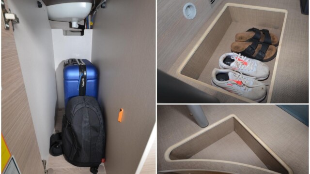 Rangements au dos de la banquette (à gauche) et sous l'estrade du salon (à droite).