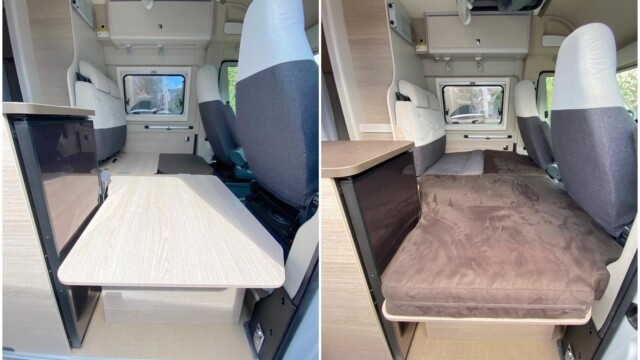 Le couchage de dînette (+417€) prend appui sur la table abaissée et un élément de mobilier additionnel ; très encombrant du reste.