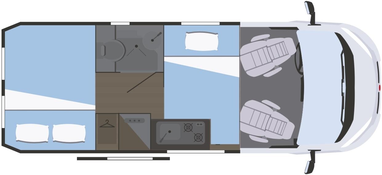 Implantation Nuit du Rimor Horus 38 (3 couchages) avec lit transversal et lit dinette.