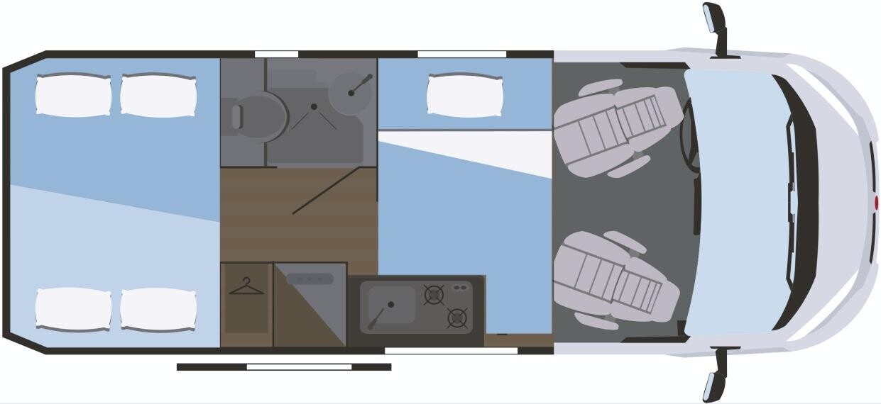 Implantation Nuit du Rimor Horus 45 (5 couchages) avec lits superposés et lit dinette.