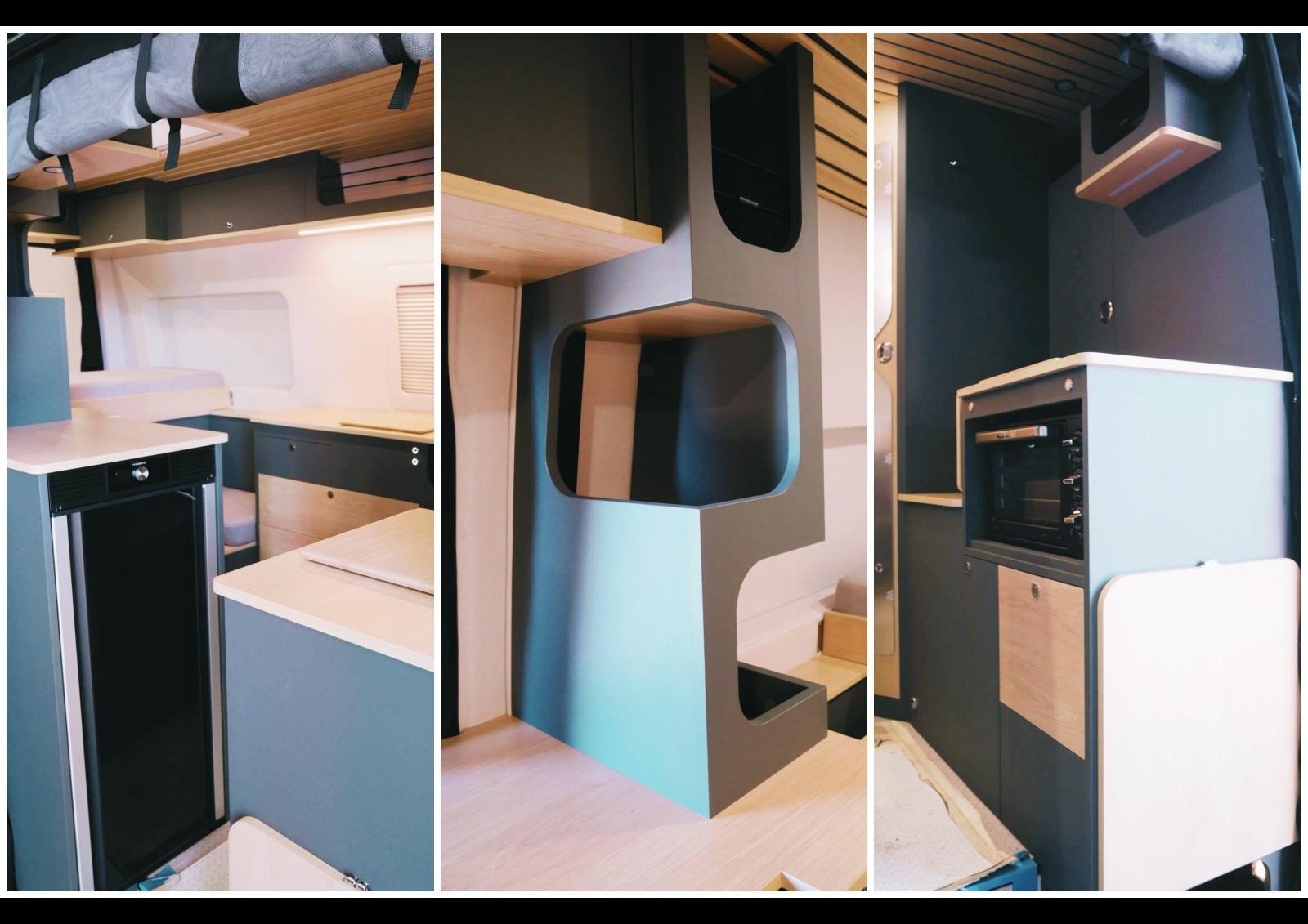 Ce Spinter embarque : 120L d'eau propre, 80L d'eau grise, système de remplissage et filtration d'eau WM Aquatec, chauffe-eau Webasto Thermo Top Evo au gasoil, chauffage Webasto Air Top Evo 40 au gasoil, réfrigérateur 90L Dometic double charnière, plaque de cuisson par induction, douche sur mesure avec WC sec à compost OGO sur coulisses, batterie 330Ah, convertisseur 2000W, charge alternateur 60A, panneau solaire 330W...